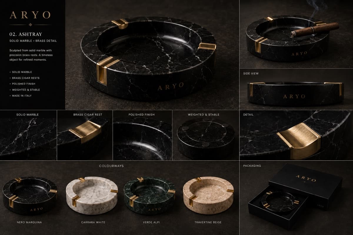 Marble & Brass Ashtray in Nero Marquina