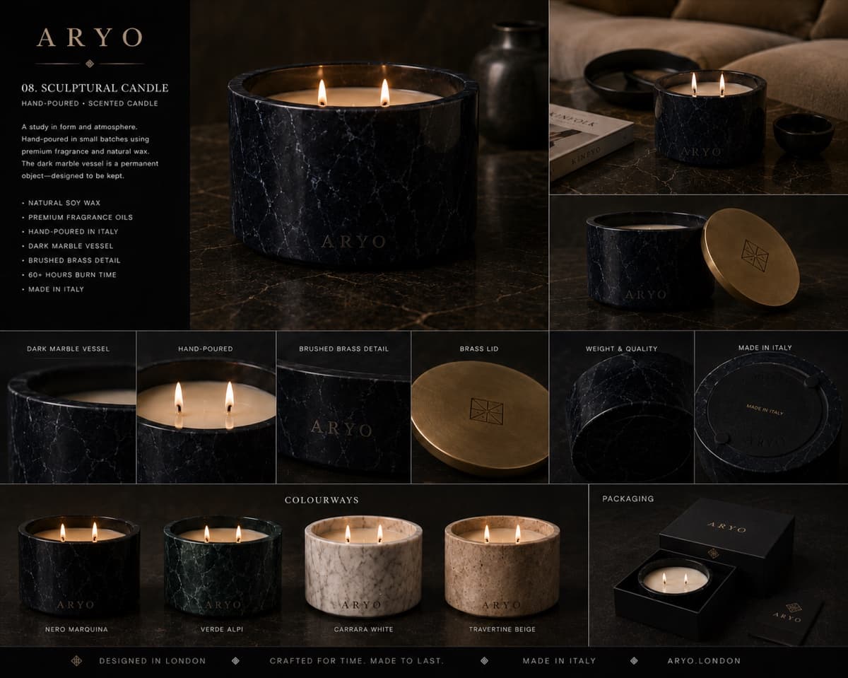 Sculptural Marble Candle in Nero Marquina