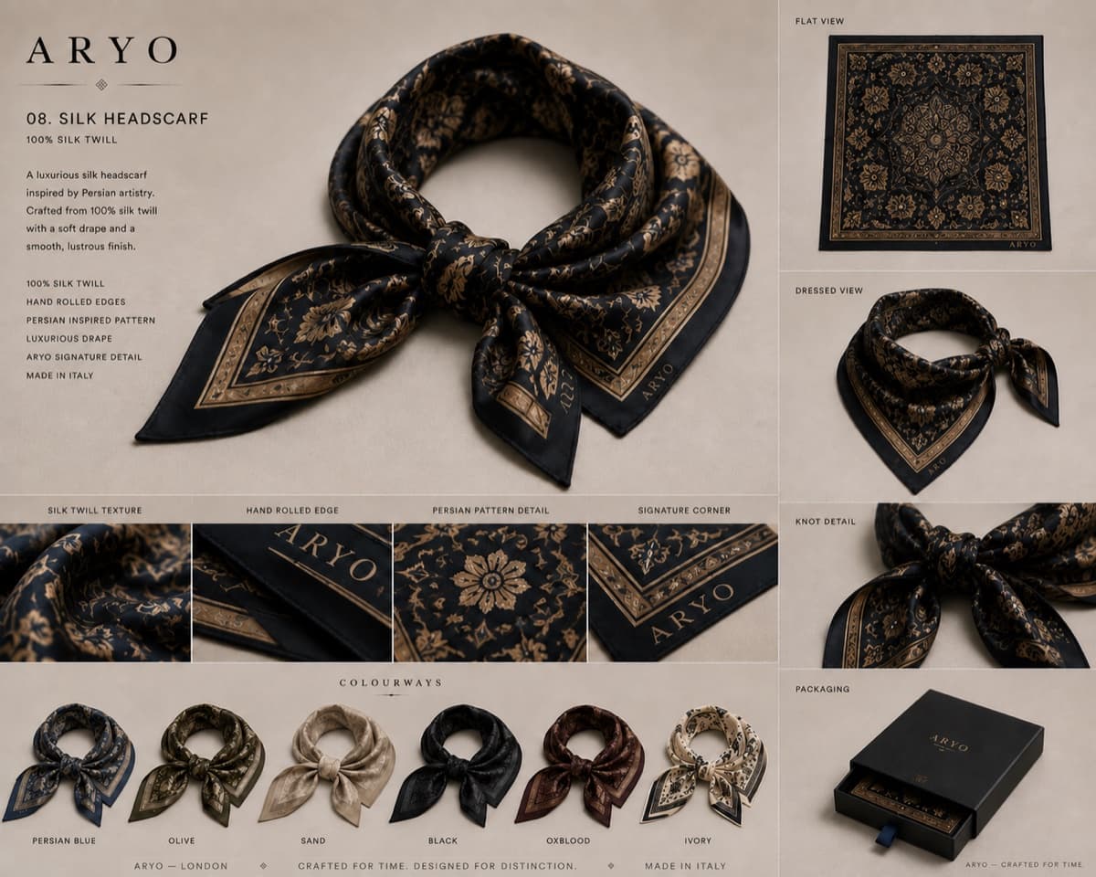 Persian Silk Headscarf in Noir