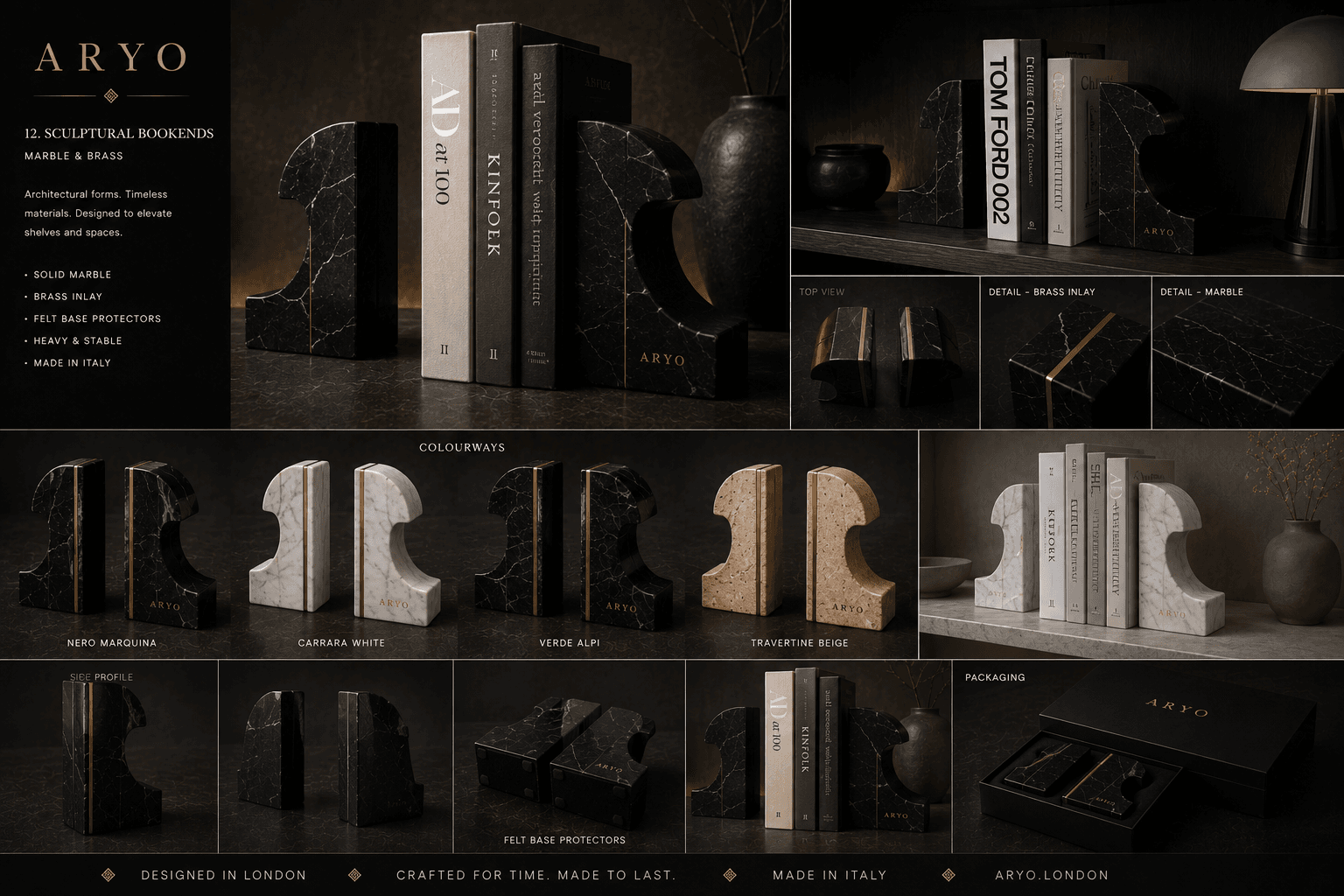 ARYO development reference board for Sculptural Marble Bookends