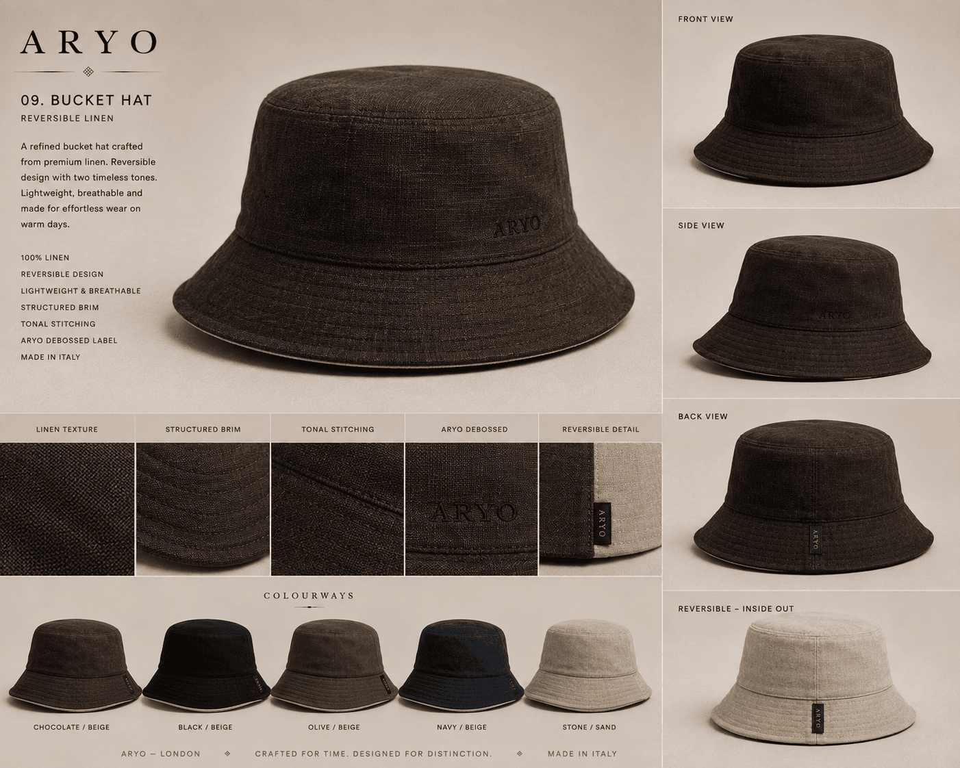 ARYO development reference board for Reversible Linen Bucket Hat